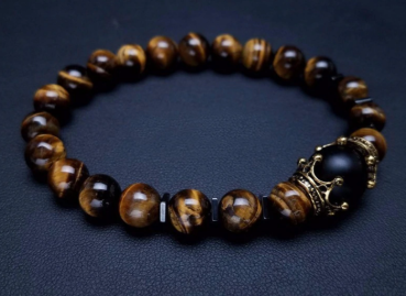 Tigeraugen Perlen Armband mit Lavasteinperle in zwei Kronen gefasst
